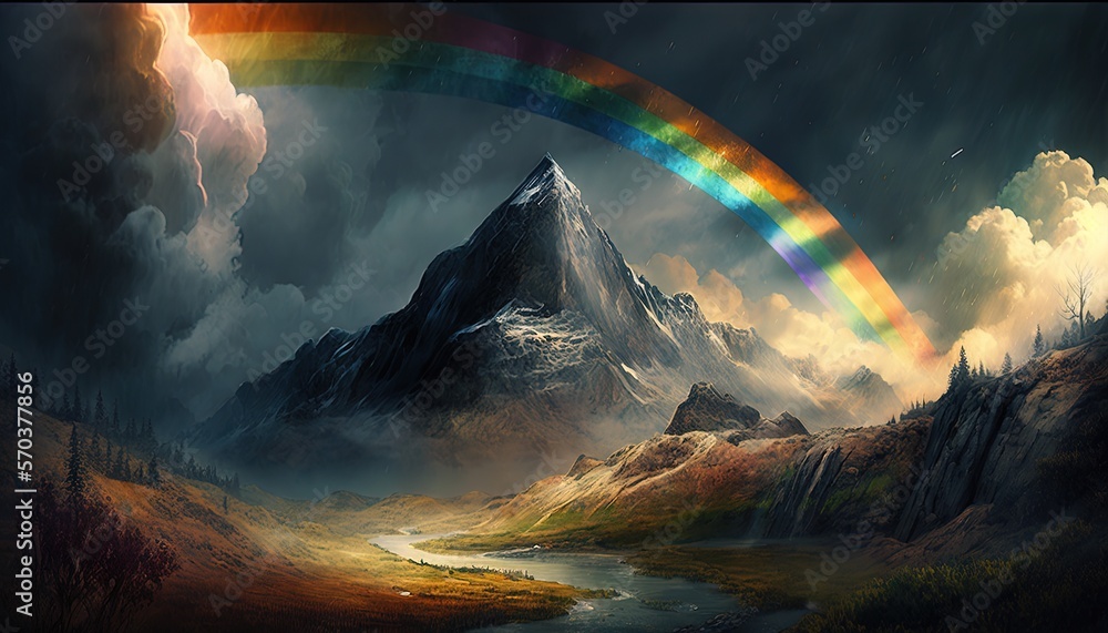 Aufkleber a painting of a mountain with a rainbow in the sky above it and a stream running through it, with a 