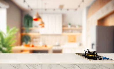 Wood table top on blurred kitchen background.