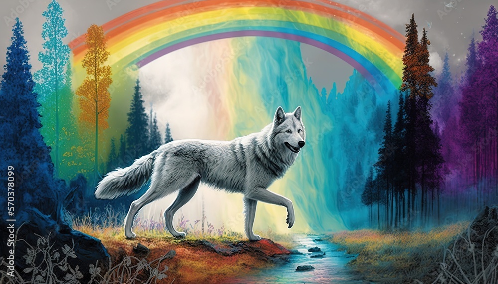 Poster a painting of a wolf standing in a forest with a rainbow in the sky behind it and a stream running t