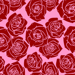 seamless graphic pattern of red silhouettes of roses on a pink background, texture, design