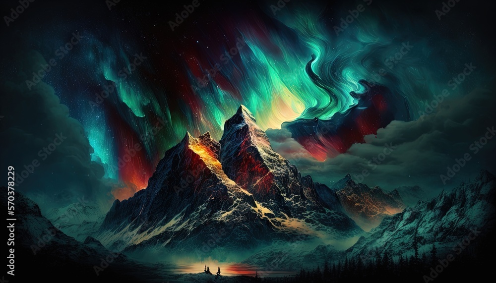 Poster a painting of a mountain with a sky filled with aurora lights in the background and a person standin