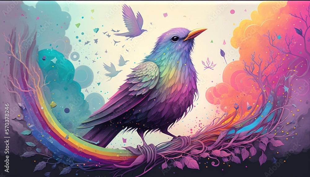 Poster a colorful bird sitting on a branch with a rainbow in the sky in the background and a bird flying ov