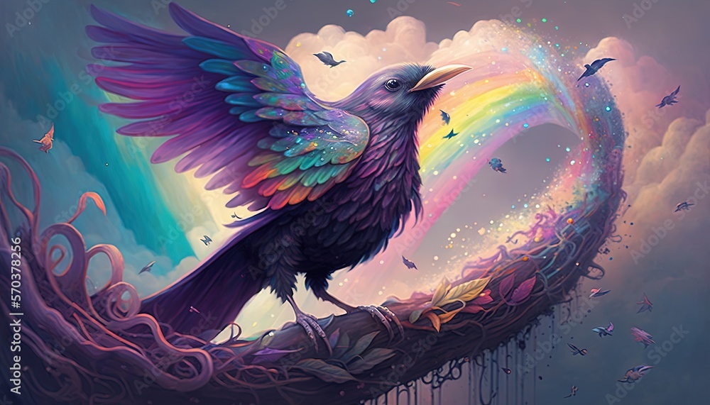 Poster a painting of a bird sitting on a branch with a rainbow in the sky behind it and birds flying around