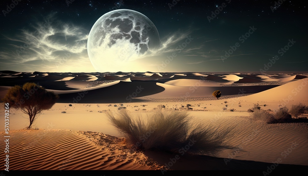 Poster a desert with a full moon in the sky and a lone tree in the foreground, and a few bushes in the fore