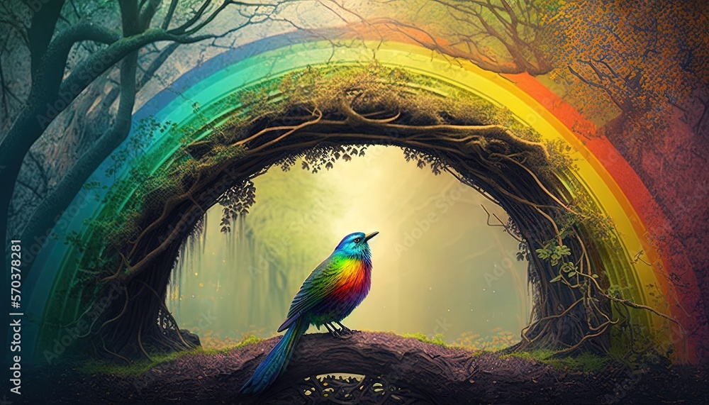 Poster a colorful bird sitting on a tree branch in a forest with a rainbow in the sky above it and a rainbo