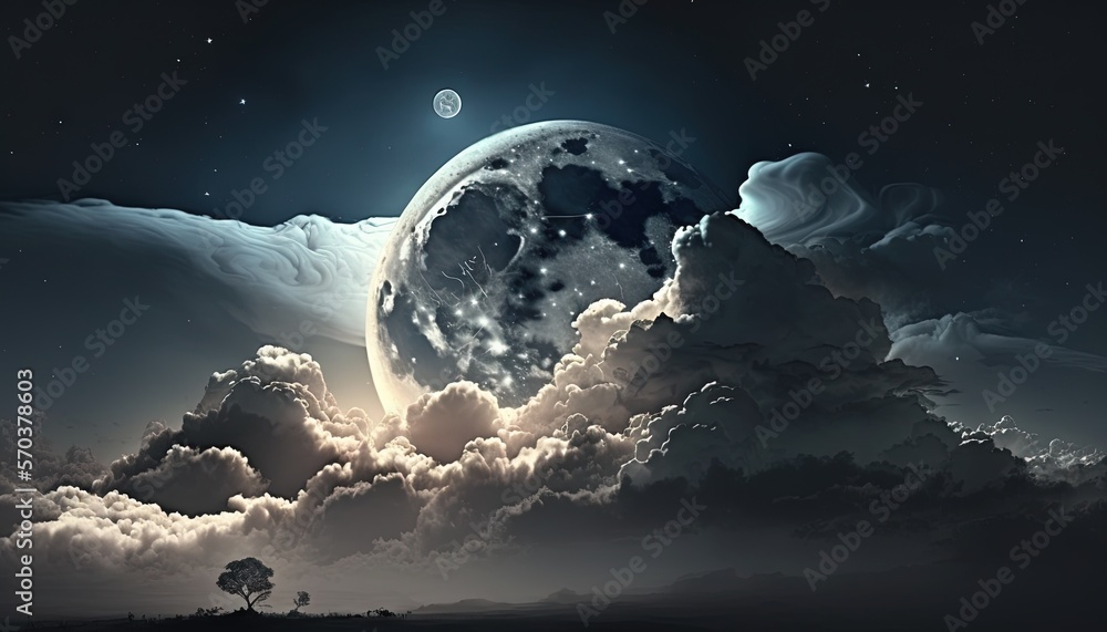 Poster a night sky with clouds and a full moon in the distance with a lone tree in the foreground and a few