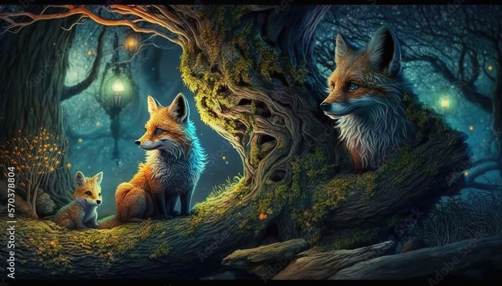 Poster a painting of two foxes sitting in a forest at night with a lantern in the background and a tree tru