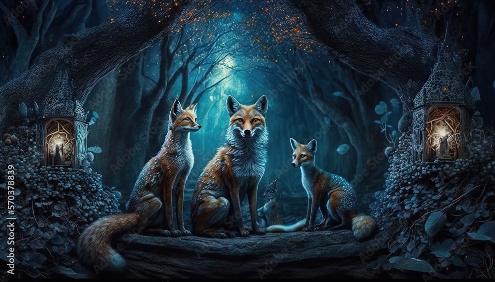 Poster a painting of three foxes sitting in a forest at night with a lantern in the middle of the forest an