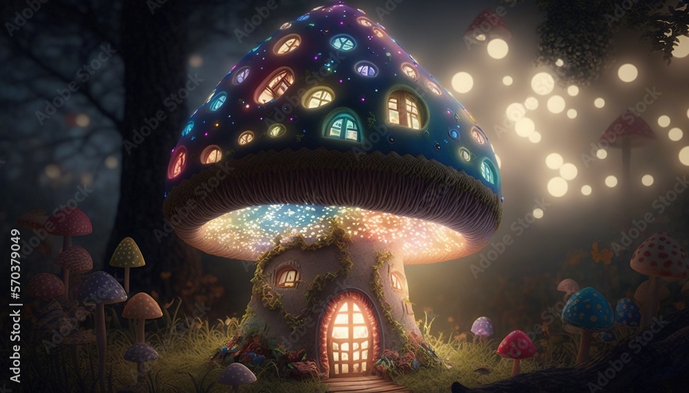 Poster a mushroom house with lights on it in a forest with trees and lights in the sky above it is a pathwa