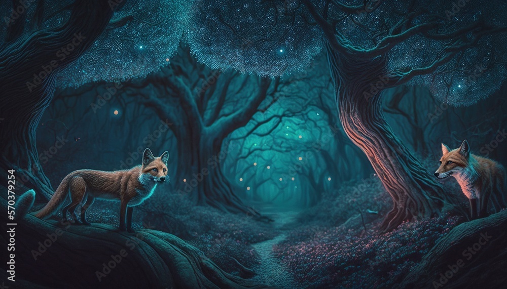 Poster a painting of two foxes in a dark forest at night with a glowing light coming from the trees and the
