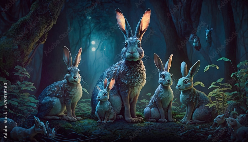 Poster a group of rabbits sitting in the middle of a forest with a light shining through the trees and on t