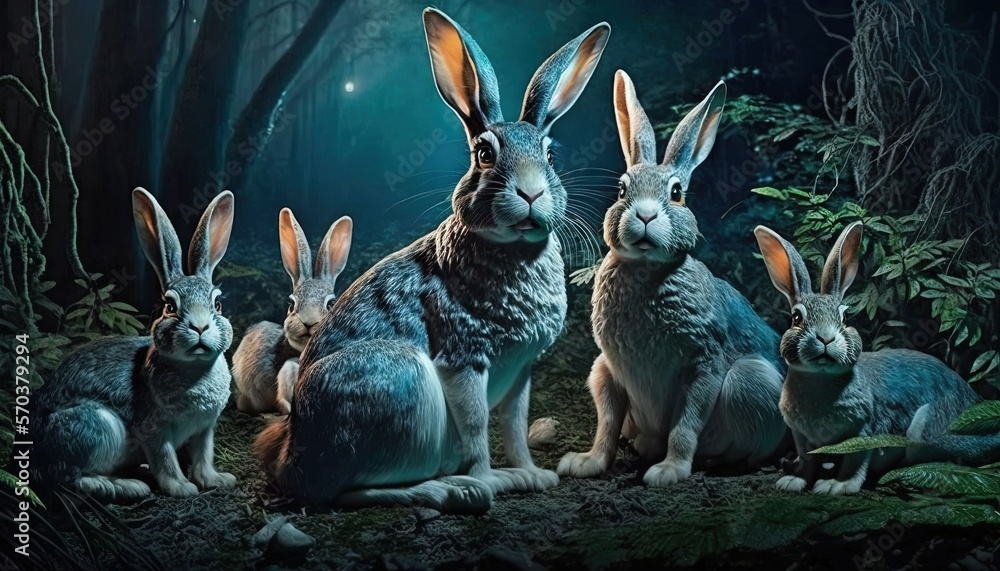 Poster a group of rabbits sitting next to each other on a forest floor in front of a full moon with trees a