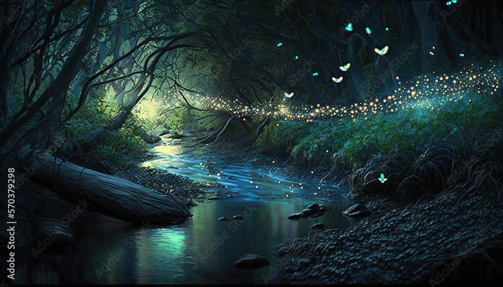 Poster a painting of a stream in a forest with butterflies flying over it and a stream running through the 