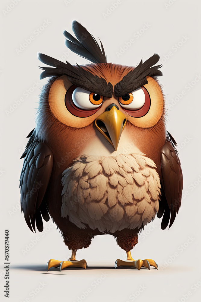Poster an angry looking bird with big eyes and a large beak is standing in front of a white background with