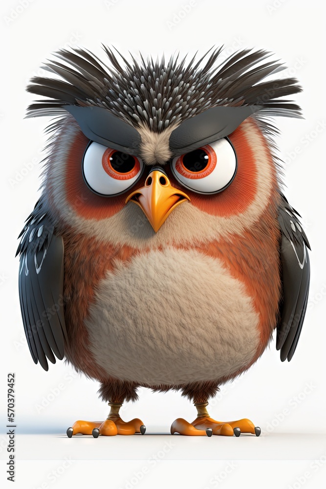 Poster an angry looking bird with big eyes and a mohawk on it's head is standing on a white surface with a 