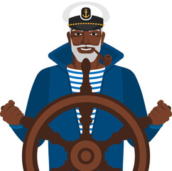 Black male sailor in cap with pipe at helm of ship © natbasil