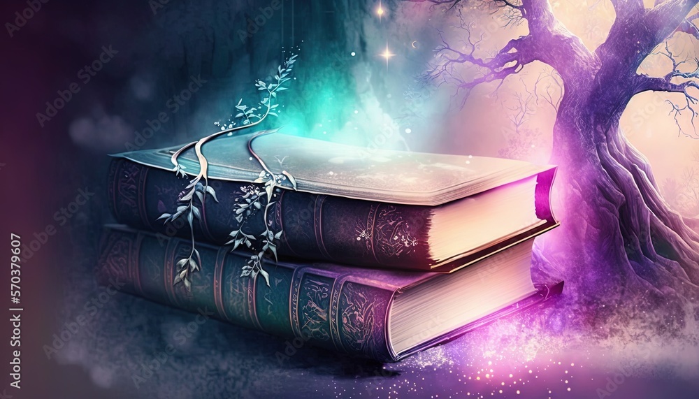 Poster two books sitting on top of each other in front of a tree with a light shining on it and a purple sk