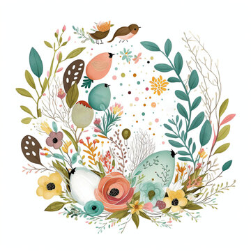 Florale Ostermuster mit Ostereiern - freigestellt wei&szlig; - Generative AI