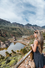 Woman tourist in Mirador de la Sorrueda in Gran Canaria canary islands