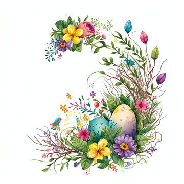 Florale Ostermuster mit Ostereiern - freigestellt wei&szlig; - Generative AI