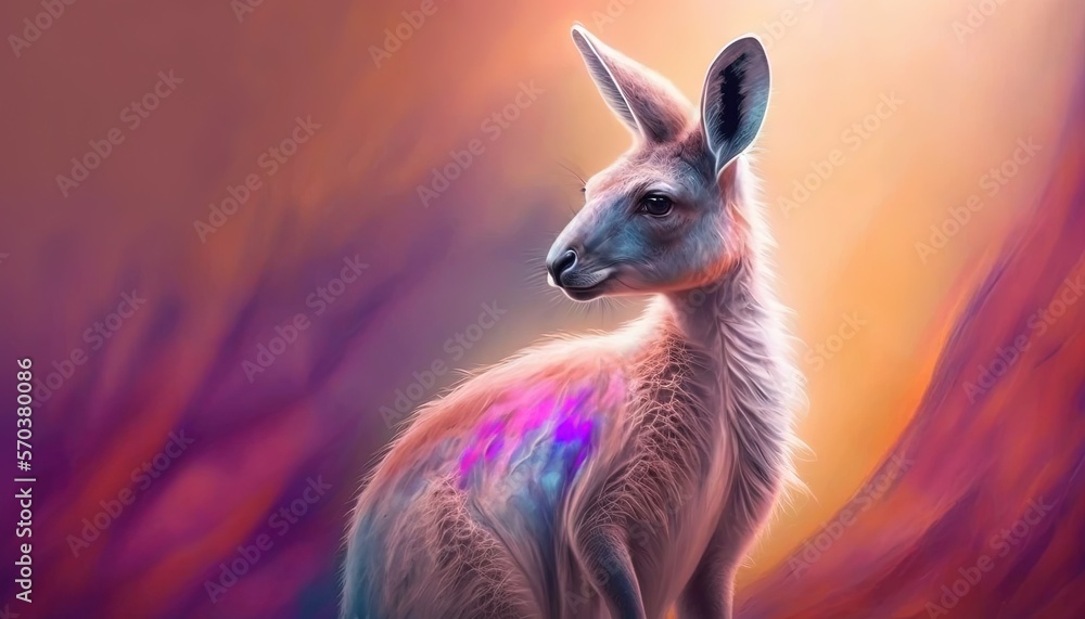 Poster a painting of a kangaroo with a colorful background and a pink and blue background with a red and pu