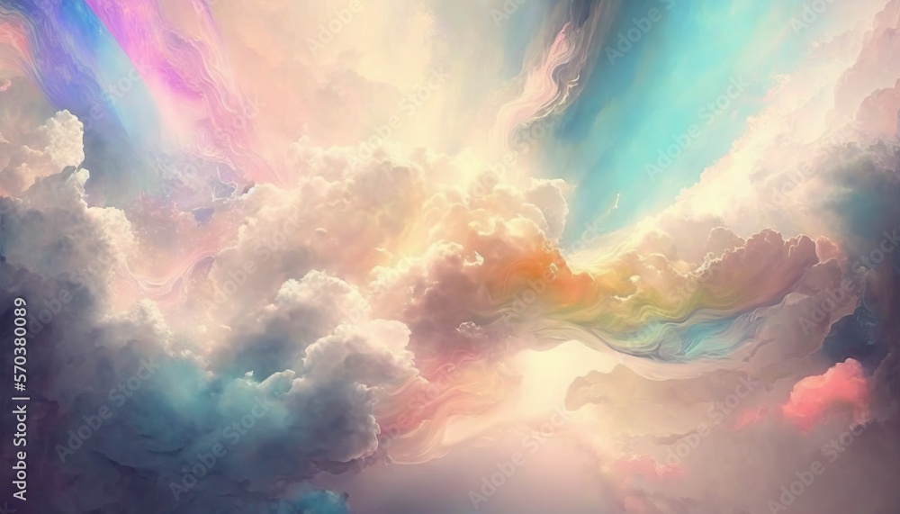 Poster a painting of clouds with a rainbow in the middle of it and a sky with a rainbow in the middle of th