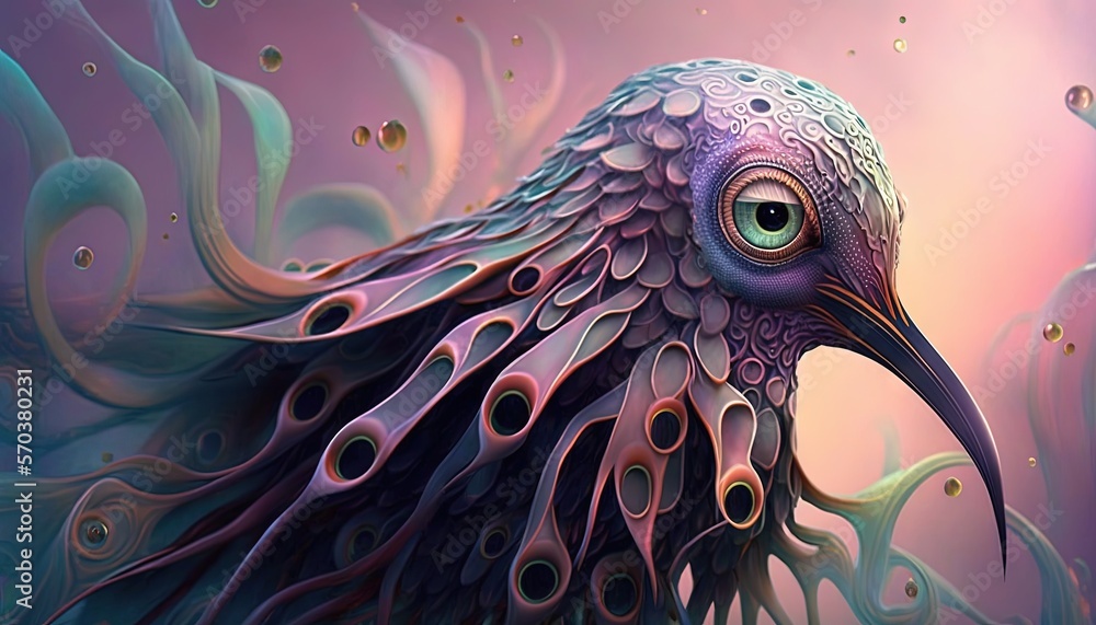Poster a painting of a bird with feathers on it's head and a purple background with bubbles in the water an