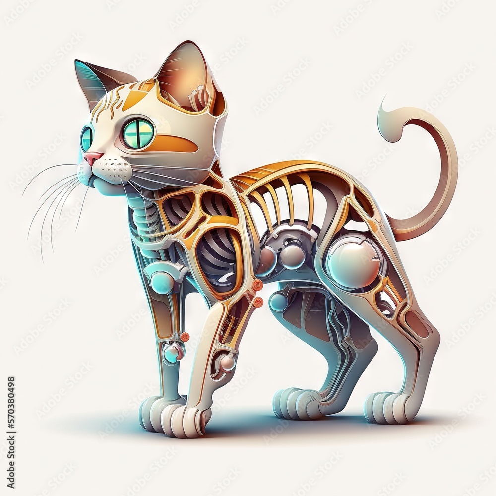 Poster a cat with a skeleton on its back and a cat's head in the shape of a human skeleton on its back, sta