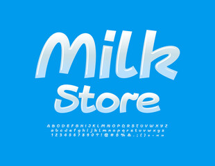 Vector business logo Milk Store with handwritten Font. White glossy Alphabet Letters, Numbers and Symbols set