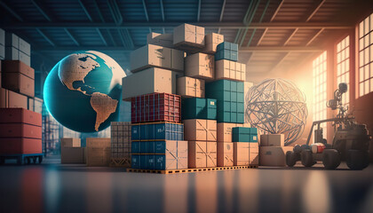 Storage of packages and container storage as in a logistics warehouse. Logistics uses all available technologies for fast service. Image created with AI. 