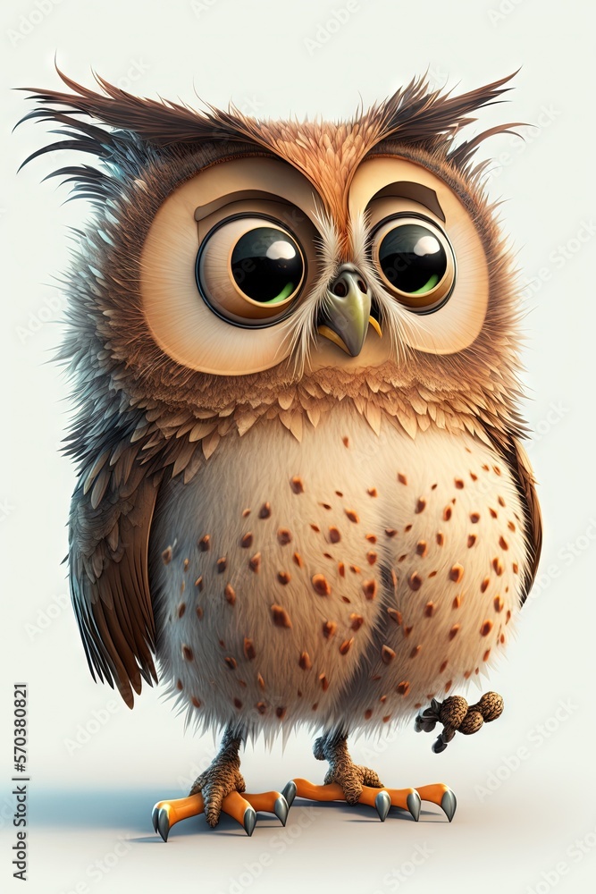 Poster an owl with big eyes and a mohawk on its head is standing on a white background with a blue backgrou