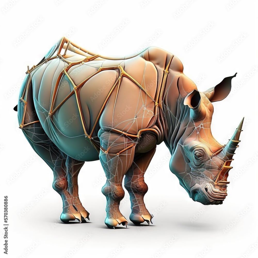 Poster a rhinoceros with wires attached to it's back and neck, standing in front of a white background with