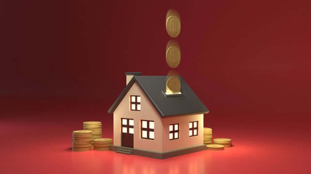 Real estate income, 3D Render of white house like piggy bank with coin stack. Red background. Airbnb or rent income concept