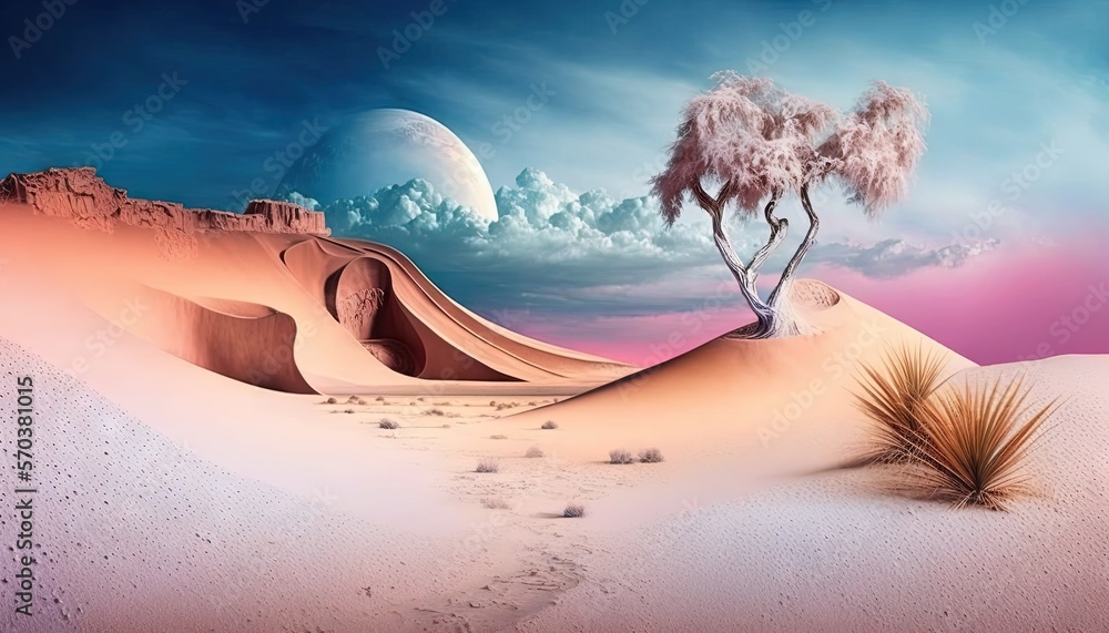 Poster a painting of a desert with a tree and a moon in the sky and a desert landscape with a desert landsc