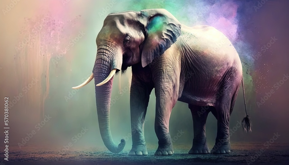 Poster an elephant standing in the middle of a field with colored dust on it's back and tusks on it's head.