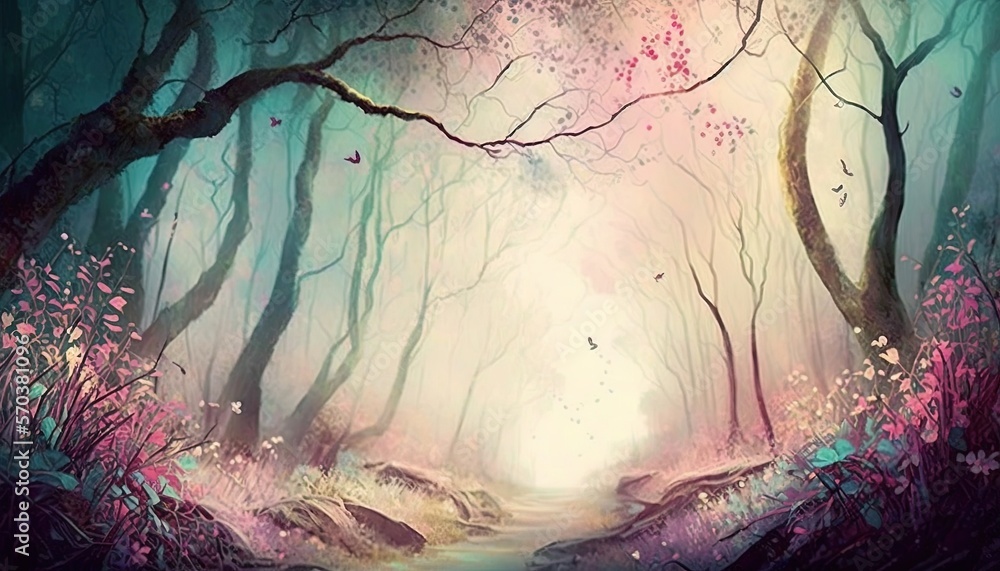 Poster a painting of a path through a forest filled with trees and flowers, with the sun shining through th