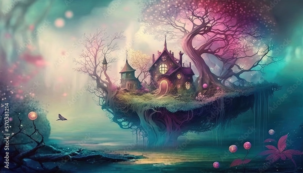 Poster a painting of a house on a floating island in the middle of a lake with a bird flying over the water