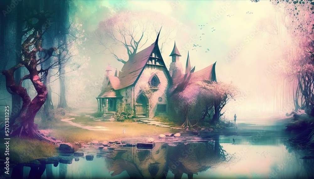 Poster a painting of a house in the middle of a forest with a pond in front of it and a person standing in 