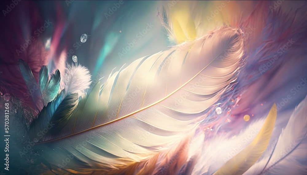 Poster a close up of a colorful feather on a dark background with bubbles of water and bubbles of light com