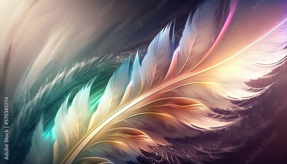 Poster a close up of a colorful feather on a black background with a blurry effect to it's back and side of