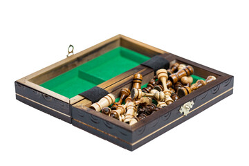 Open gift box with chess. intellectual game and sports. Close-up. Isolated on white background.