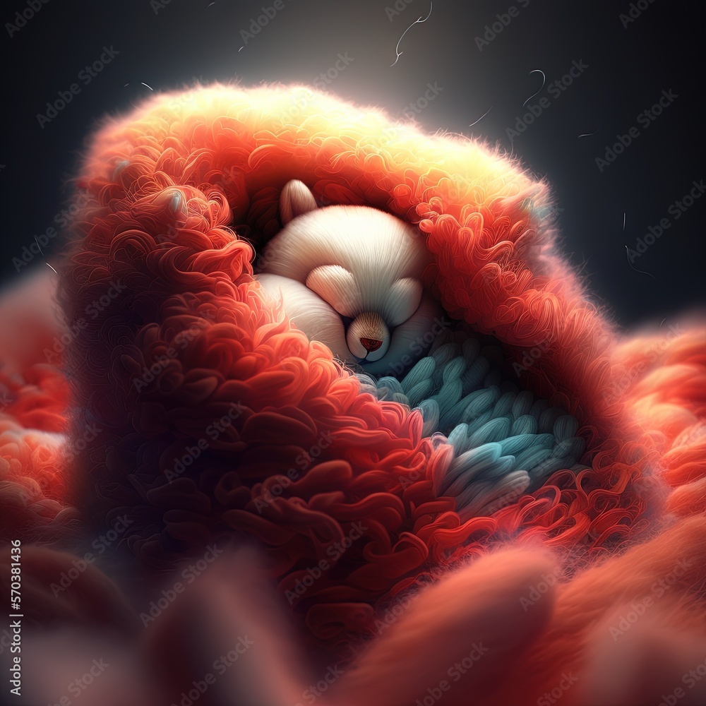 Poster a digital painting of a bear wrapped in a blanket with a sleeping baby in it's lap and sleeping on t