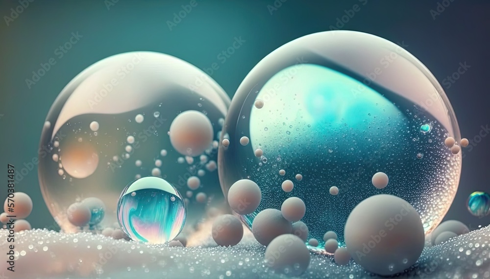Poster a group of bubbles floating in the air with bubbles around them and bubbles on top of the water and 