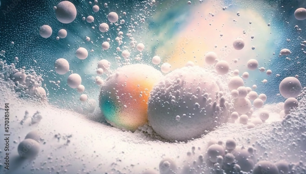 Poster a close up of two balls in a liquid filled area with a rainbow in the background and bubbles on the 