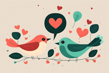 A couple of lovebirds exchanging Valentine's Day wishes. Illustration in cartoon style.