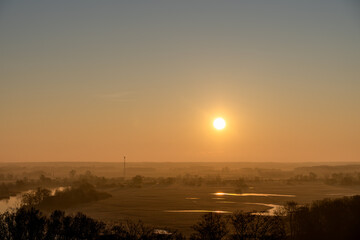 Polska, Santok, Lubuskie, Gorz&oacute;w, rzeka, Warta, Noteć, wsch&oacute;d słońca, wieś, most, łąki
