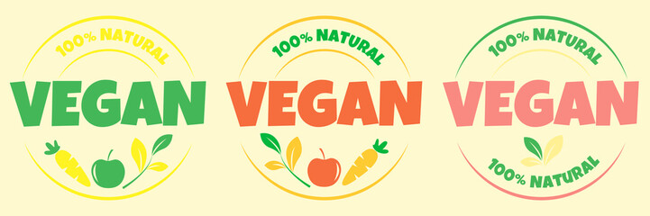 A set of three icons for vegetarians in different colors. Images of apples, carrots and vegetation for a healthy lifestyle. Vector illustration