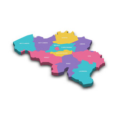 Belgium political map of administrative divisions - provinces. Colorful 3D vector map with dropped shadow and country name labels.