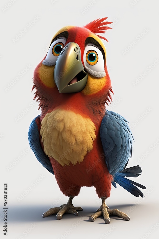 Poster a colorful bird with a big smile on its face and a big beak on its head, standing on a white surface