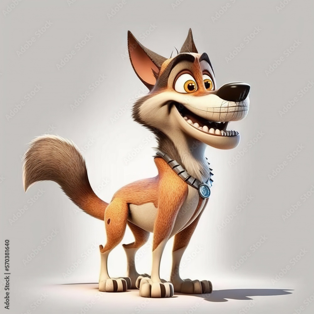 Poster a cartoon dog with a collar and a collared collar, standing in front of a white background with a sh